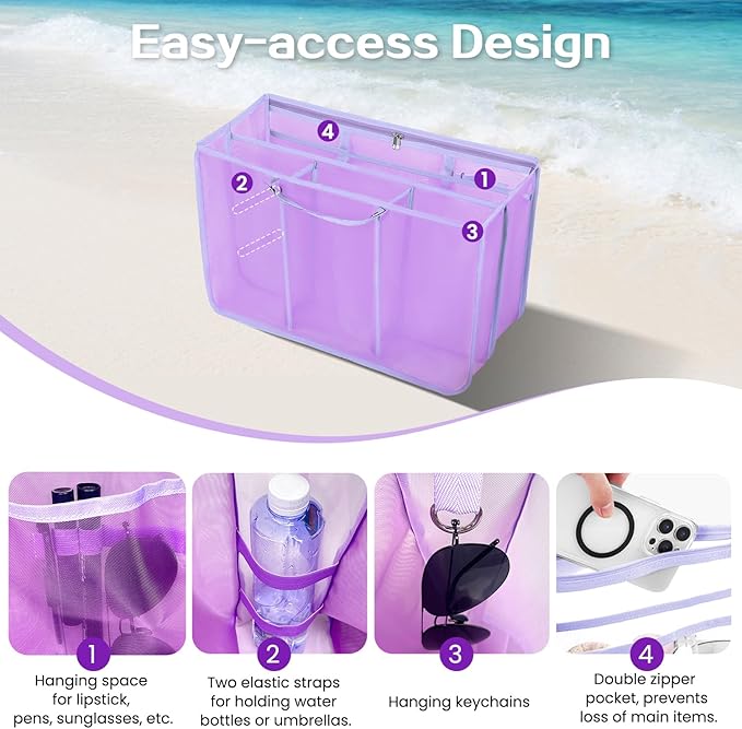 XYFuuee Beach Bag Organizer Inserts for Original Large Bogg Bag Accessories with 8 Removable Metal Fasteners, Lightweight Mesh Insert Divider Pouch, Organizing Rubber Tote, Save Space, Purple XL
