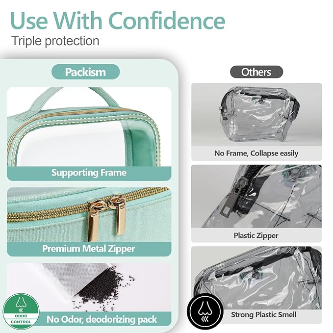 PACKISM Glitter Texture TSA Approved Toiletry Bag Set, Style Clear Makeup Bag with Handle, 1 TSA Medium & 1 Large for Travel, Gift for Women, Green