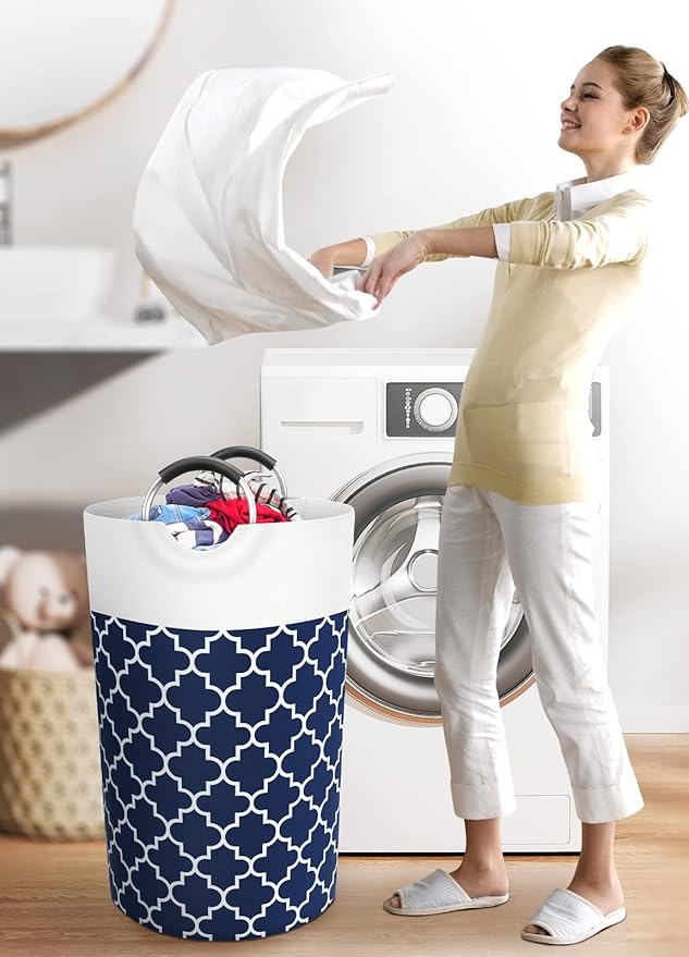 Large Laundry Basket Laundry Hamper Bag Washing Bin Clothes Bag Collapsible Tall with Handles Waterproof Travel Bathroom College Essentials Storage for College Dorm, Family (Blue) 82L