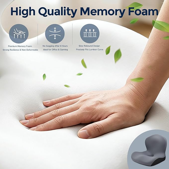 Seat Cushion for Office Chair and Car, L-Shaped Ergonomic Car Seat Cushions, Memory Foam Chair Cushion, Lumbar Support Pillow for Wheelchair, Car, Home, Office, Desk, Gray