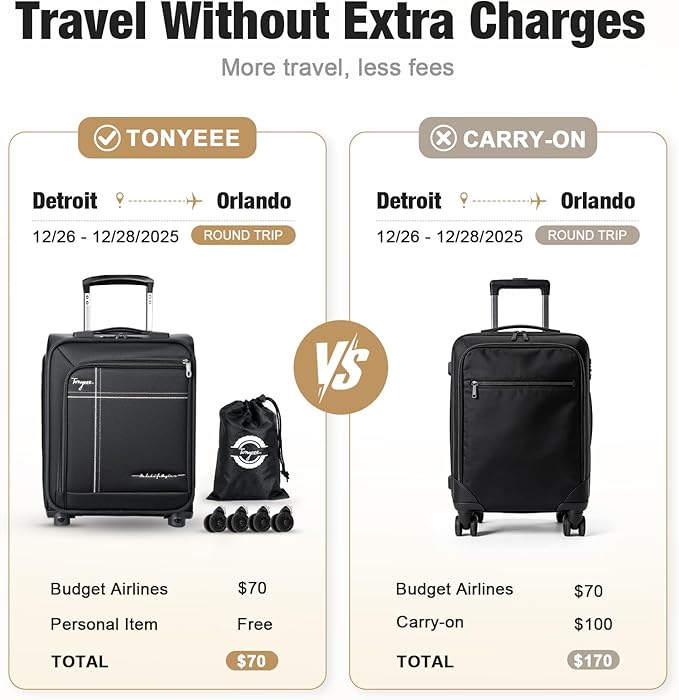 Softside Carry on Luggage Airline Approved, 17 Inch Underseat Carry-on Luggage with Removable Spinner Wheels, Small Personal Item Suitcase for Travel Business (Black, 17 inch_Underseat)