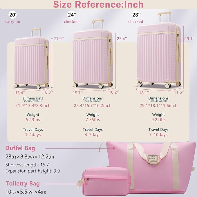 Merax 3 Piece Luggage Sets, Hardside Lightweight Carry on Suitcase,Durable Expandable Luggage with Travel Bags Spinner Wheels and TSA Lock,Pink