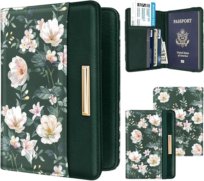 Passport Holder Cover, RFID Travel Wallet Credit Card Holder Cute Green Floral Passport Book Holders for Women with Elastic Band and Golden Metal Decoration, Alpine Green