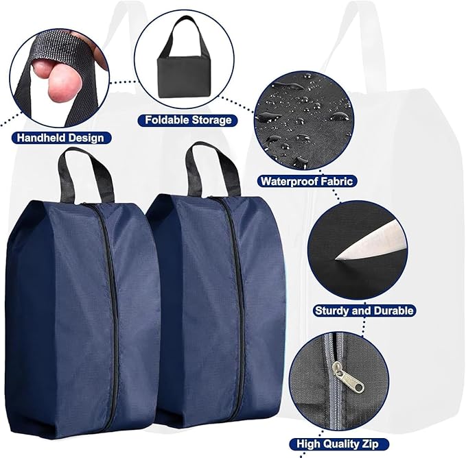 5Pcs XL Travel Shoe Bags Portable Travel Gifts Shoe Organizer with Zipper Closure, Waterproof Nylon Shoe Storage Organizer with Handle Travel Bags For Men and Women, Navy