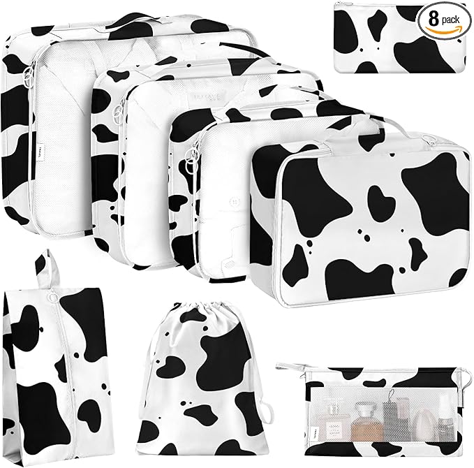 KPX 8 Set Packing Cubes for Travel, Luggage Packing Organizers Accessories Large Toiletries Bag for Clothes Shoes Cosmetics (Cow)