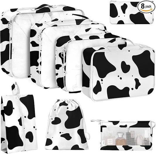 KPX 8 Set Packing Cubes for Travel, Luggage Packing Organizers Accessories Large Toiletries Bag for Clothes Shoes Cosmetics (Cow)