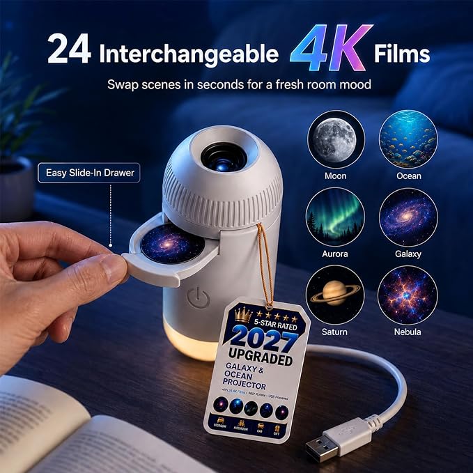 2027 Upgraded Hd Smart Dynamic 5d Holographic Night Light Projector, Plug and Play Hd Star Projector, 360° Adjustable Hd Galaxy and Ocean Projector for Bedroom Ceiling (12 Projection Films)