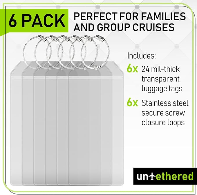 Untethered Cruise Luggage Tag Holders (6 Pack, Wide) | Clear Luggage Tags for Cruise Ships | Durable PVC Travel Bag ID Tags (6.3" x 3.5")