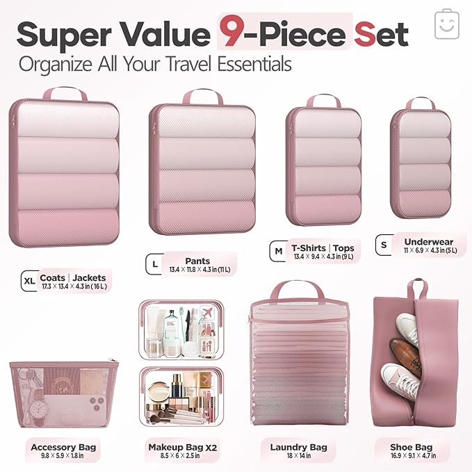 Veken 9/11 Set Compression Packing Cubes for Travel Essentials,Compressible Expandable Large Luggage Organizer Bags for Clothing,Durable Space Saver Storage Bags with Toiletry Bags(Light Coral)