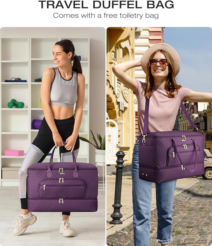 Travel Duffle Bag, Wide Open Large Weekender Bag for Women with Shoe Compartment, Carry on Overnight Bags with Toiletry Bag, Hospital Bag for Women Labor Delivery with Wet Pocket (Dark Purple)