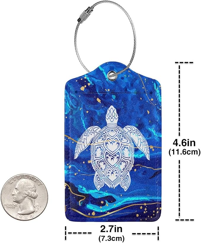 2 Pack Luggage Tag Blue sea Turtle Travel PU Cute Leather Luggage Tag Name ID Labels with Privacy Cover Suitcases Women Men Girls Boys Fun Laggage Tags (Blue sea Turtle)