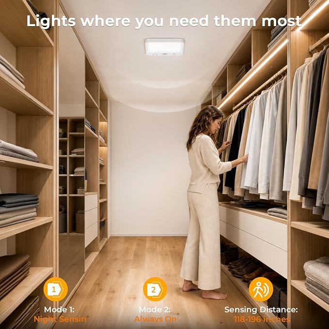 TANBABY Rechargeable Motion Sensor Ceiling Light, Wireless Remote, 7-Inch | Wireless LED Shower Light, 8000mAh Battery Long Lasting Closet Light, 3 Color Dimmable, Timer, No Wiring for Hallway Pantry