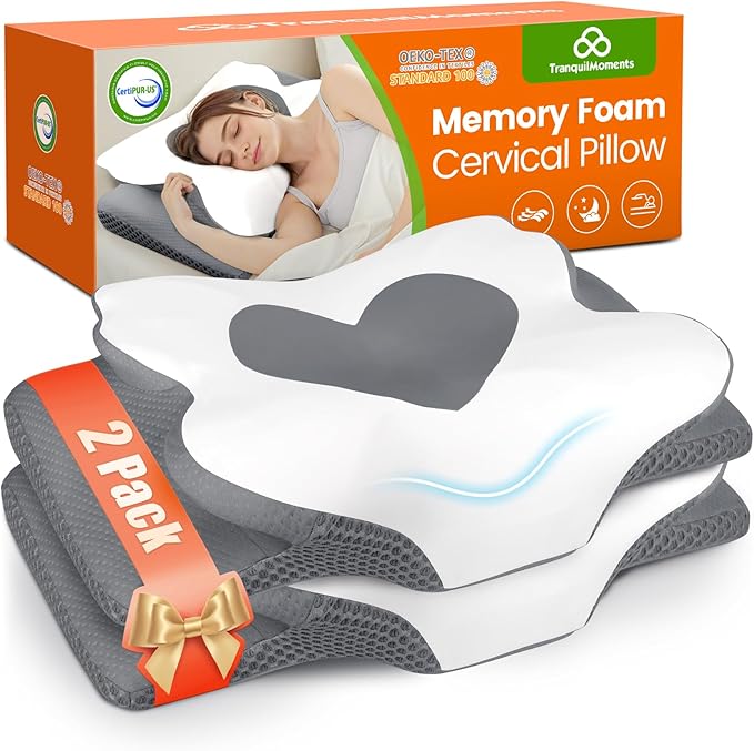 Cervical Neck Pillow for Sleeping, Memory Foam Pillow for Neck Support, Set of 2, Ergonomic Pillow for Pain Relief, Contour Bed Pillow for Side Back Stomach Sleepers, Grey, Queen Size