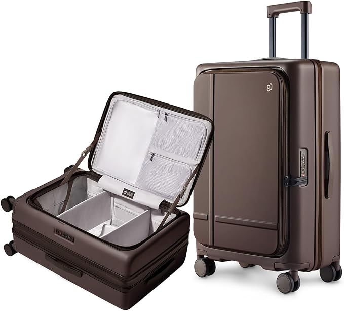 NINETYGO Medium Checked Luggage 25 Inch, Flat Top Opening Check In Luggage with Cup Holder, Expandable, Coffee-Infused PC Hard Shell, Eco-Friendly, TSA Lock, 360° Spinner Wheels (Americano)