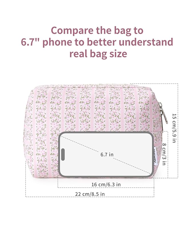 Narwey Cute Floral Makeup Bag Travel Cosmetic Bag Organizer Toiletry Bag Make Up Bags with Compartments for Women Girls (Pink Flower Buds, Large)