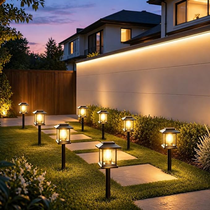 Solar Pathway Lights 14-Pack for for Yard Walkways | IP65 waterproof solar landscape lights. High-efficiency panels provide auto dusk-to-dawn glow for yard and driveway security