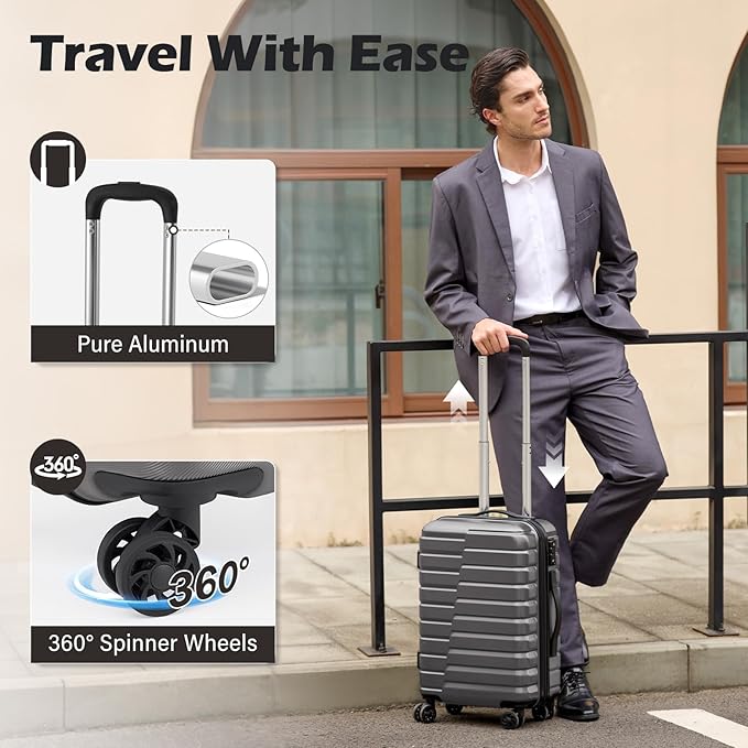 Coolife Luggage Sets, 3 Piece Hard Shell Suitcase Set with Spinner Wheels, Expandable Large Checked Luggage, Lightweight Rolling Carry On with TSA Lock Gray