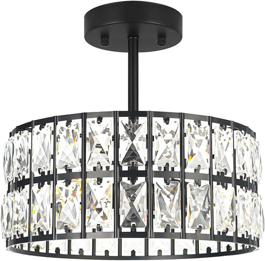 Matte Black Crystal Ceiling Light, Modern Semi Flush Mount Ceiling Lighting, Hallway Lighting Fixtures, Small Chandelier Light Fixture for Kitchen Entryway Bedroom Dining Room, 3-Light, 12 Inch
