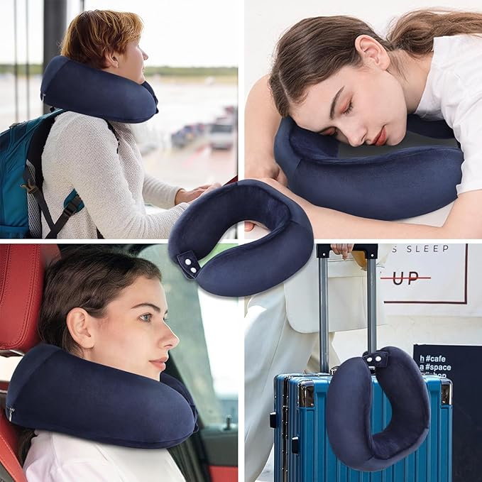 Travel Neck Pillow U Shaped Airplane Pillow Removable Washable Memory Foam Neck Pillows Suitable for Airplanes Traveling Trains Bus Offices Dark Blue