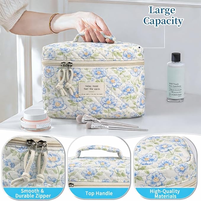 Cute Makeup Bag for Women(2 Pcs), Travel Cosmetic Bags, Quilted Coquette Aesthetic Floral Toiletry Organizer Bag (49 - Green Leaf/4PCS)