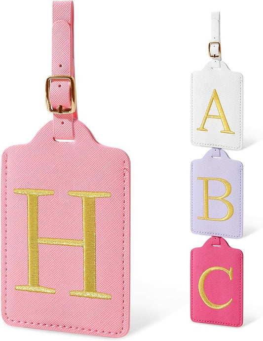 Initial Luggage Tags for Suitcases, Cute Embroidered Letter Luggage Bag Suitcase Identifier Name Baggage Tag, PU Leather Travel Luggage Tags, Bag Tags for Men Women Kids Luggage Handbags(Pink H)