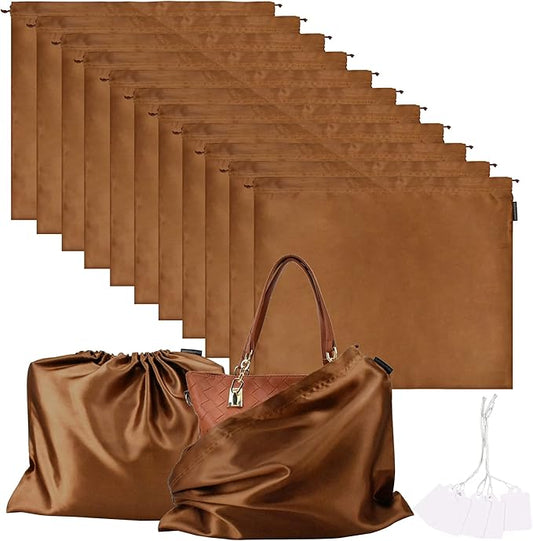 10 Pack Dust Bags for Purses and Handbags, Silk Dust Cover Storage Bag with Drawstring Travel Storage Pouch for Handbag Purse Shoes Boots (Brown, 19.6 × 15.7 in)