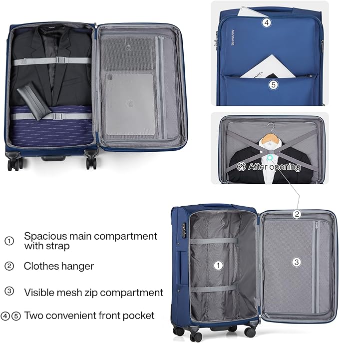 Hanke 3 Piece Luggage Sets Softside Expandable Carry On Luggage Set Travel Suitcase Sets with Spinner Wheels TSA Approved Luggage(Blue, 20in/24in/28in)