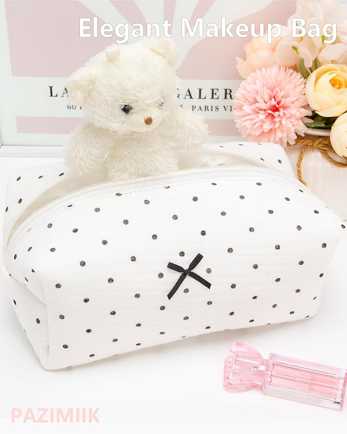 PAZIMIIK Cozy Makeup Bag Small Aesthetic Travel Zipper Cosmetic Pouch for Women Make Up Beauty Accessories Brushes,Polka Dot