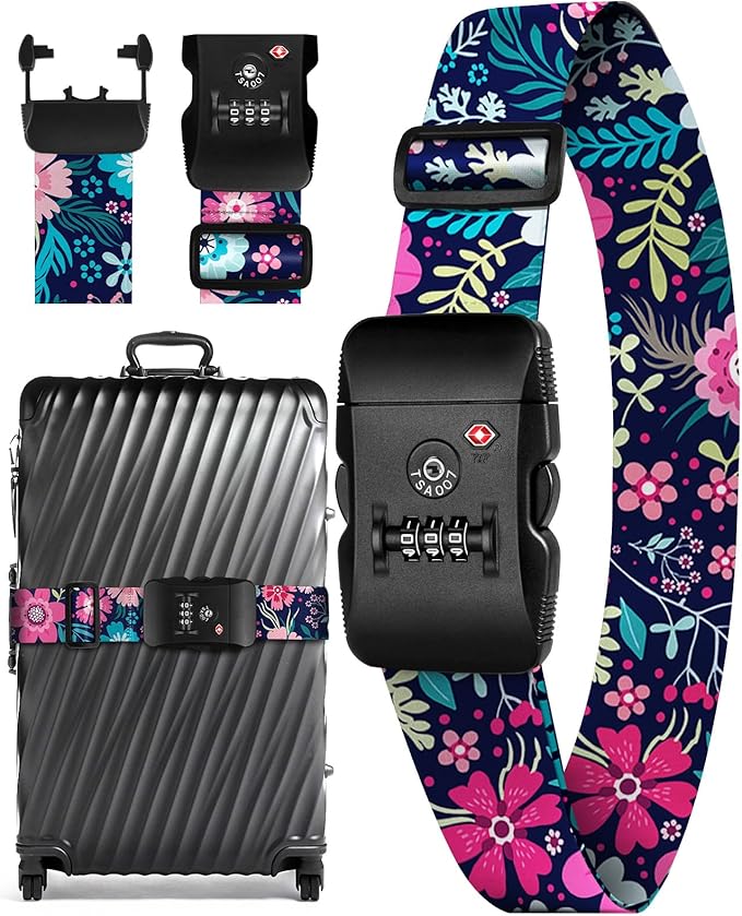 Slohif Luggage Straps TSA Lock for Suitcases - Travel Belt TSA Approved Accessories Luggage Identifiers Carry On Bag with Buckle Nylon Adjustable Band for Add a Bag Flower