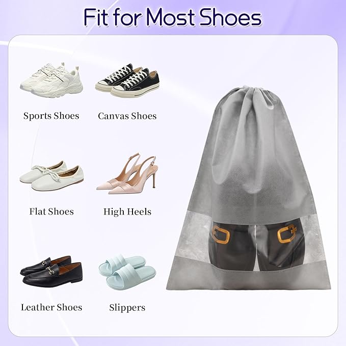 12 Pcs Portable Travel Shoe Bags, 17.3 x 12.6 Inches Waterproof Non-Woven Shoe Organizers Storage Bags, Large Drawstring Shoes Pouch Packing Organizers with Rope for Men, Women, Children (Grey)