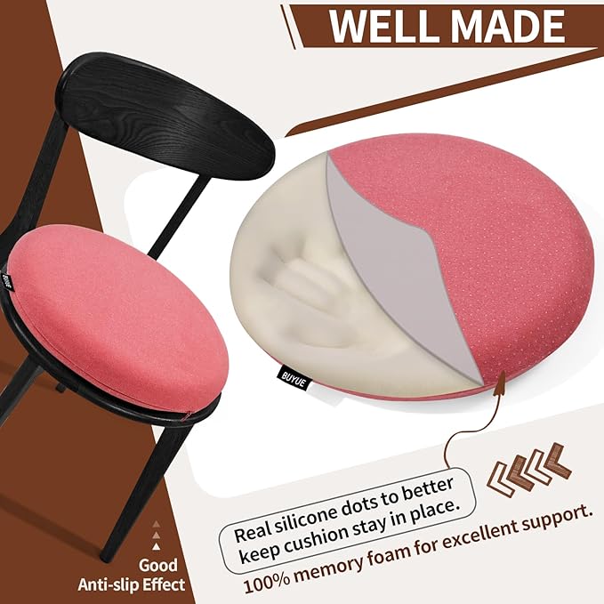 BUYUE Memory Foam Seat Cushion, Dia 16.5" Soft Velvet Round Stool Cushion Anti-Slip Chair Pads, L, Rose Pink