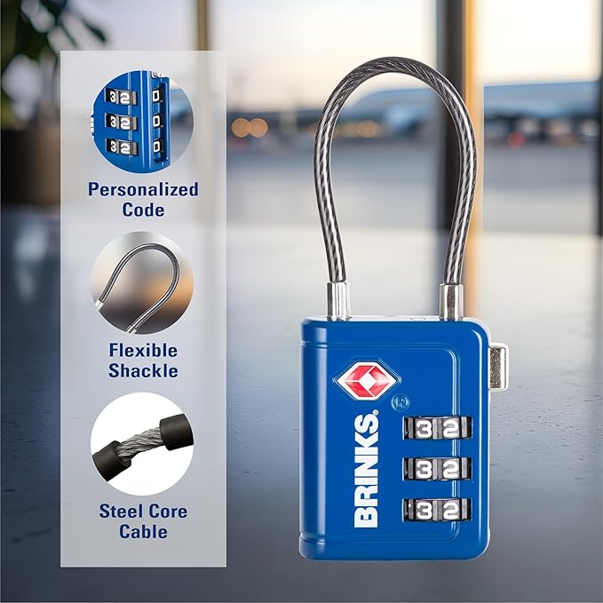 Brinks TSA Accepted Indicator Luggage Lock, Blue - Resettable 3-Dial Combination, 1.5 inch Long Cable Shackle, New More Secure Key, 2 Pack