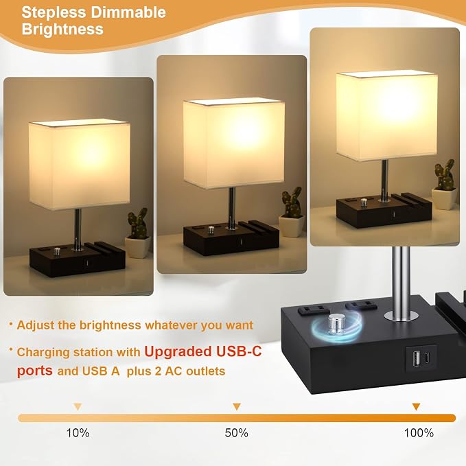 White Table Lamp for Bedroom - Stepless Dimmable, USB C+A, 2 AC Outlets | Dimming By Rotary Knob, USB C+A Ports, 2 Phone Stands, LED Bulbs Included, Rectangle White Lampshade, for Living Room, Desk