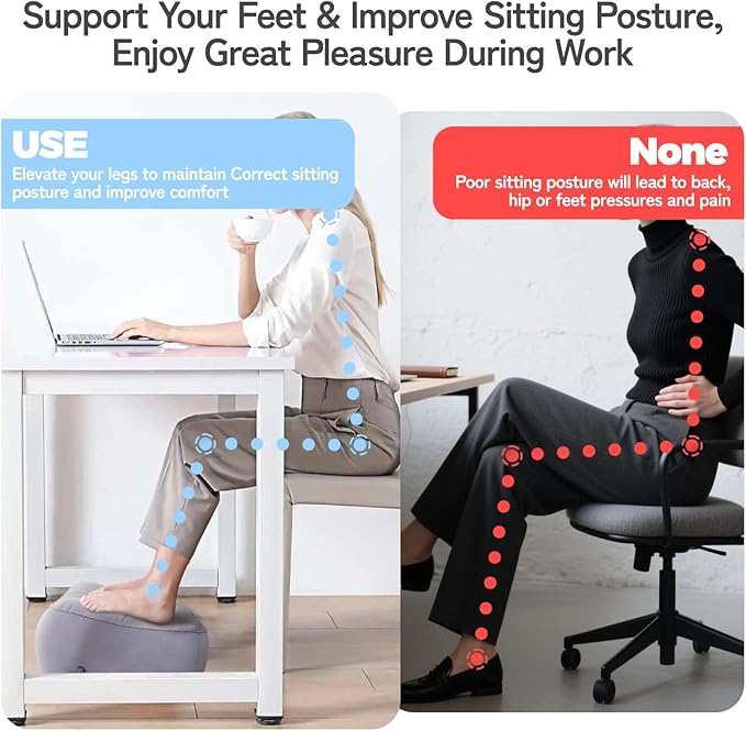Inflatable Foot Rest for Airplane Travel & Office, Portable Leg Rest Pillow, Elevating Feet for Economy Flight, Home Desk, Car Use - Grey