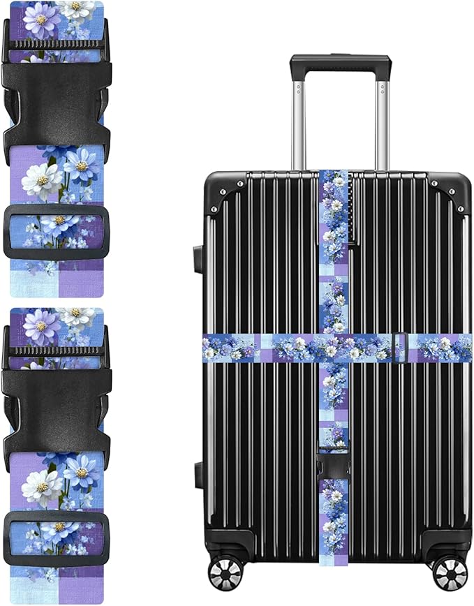 Nuxovilar Luggage Straps of 2 Set Blue & Purple Flowers Pattern, 1.96x90.5 inches - Luggage Straps for Suitcases, Nice for Travel, Weekend Trips, Vacations