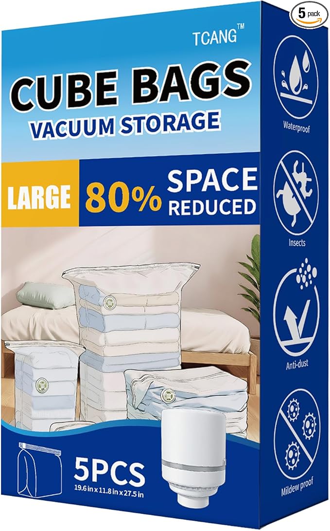 5 PACK Cube Vacuum Storage Bags,Large Cube (19.6 * 27.5 * 11.8 Inch),Electric Pump， Extra Large Vacuum Seal Bags for Clothing, Comforters, Blankets, Bedding, Closet Organization Space Saving