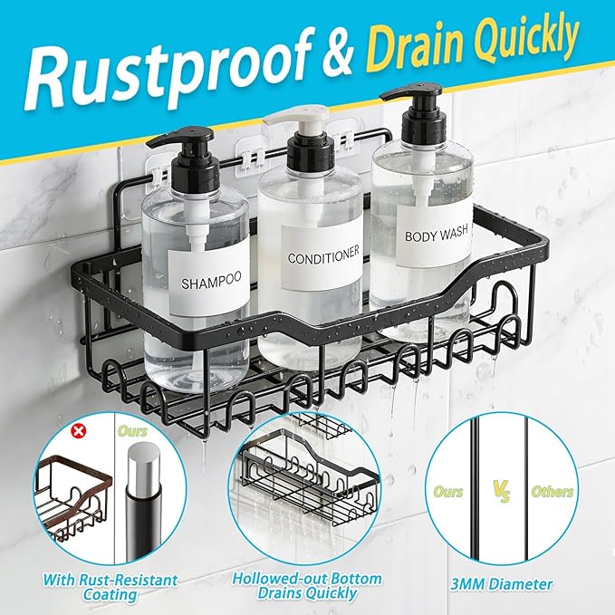 Fammart Adhesive Shower Caddy, 5-Pack Rustproof Stainless Steel Bathroom Organizer with 28 Hooks, No-Drill Large Capacity Shower Shelves for Bathroom Storage & Home Décor, Black
