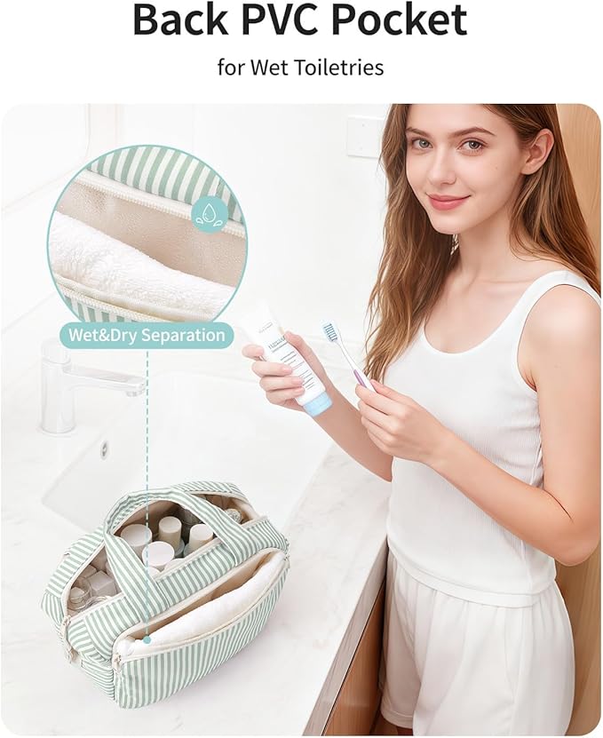 Narwey Travel Toiletry Bag for Women, Wide Open Large Makeup Bag, Cosmetic Bag Make Up Organizer with Handle, Wet Pocket for Towel, Travel Bag for Toiletries, Brushes, Essentials (Mint Green Stripe)