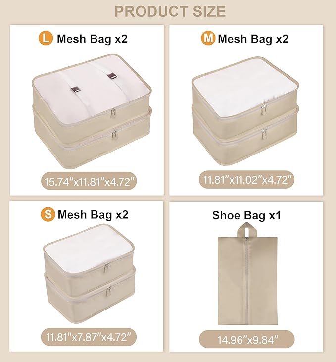 Packing Cubes, 7 Pcs Travel Packing Organizers for Suitcases, Large Capacity Travel Luggage Organizer Set includes 7 Storage Bags, Travel Essentials for Women or Men (Beige)