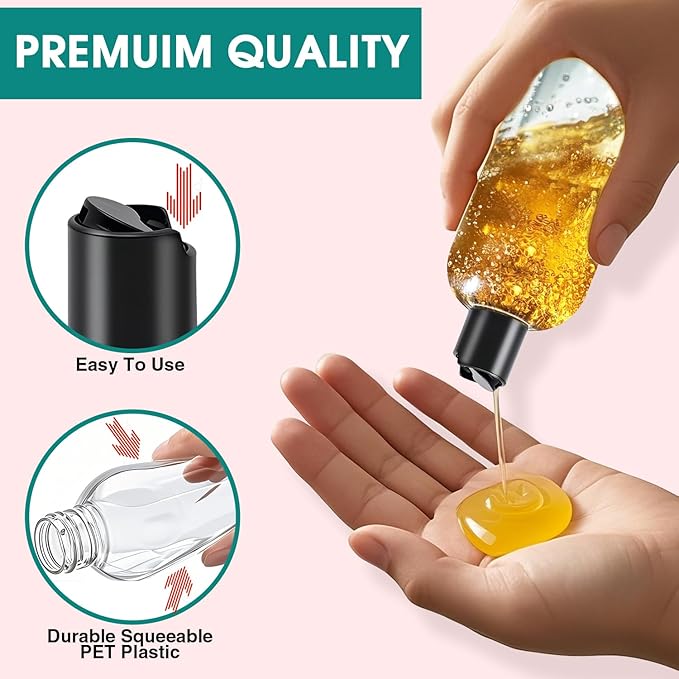 3Pcs 16 oz Clear Plastic Refillable Travel Shampoo and Conditioner Bottles with Black Disc Top Caps，Squeeze Empty Bottles Cosmetic Containers for Lotions, Body Soap Cream