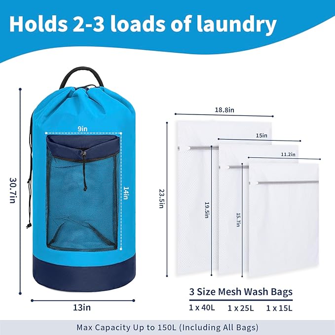 150L Laundry Bag Backpack with 3 Sizes Mesh Wash Bags and Shoulder Straps Foldable Clothes Hamper Bag with Drawstring Closure for College, Apartment, Laundromat (Sky Blue)