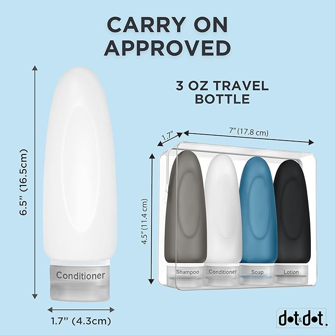 Dot&Dot Leak Proof Travel Bottles - TSA Approved 3oz Silicone Toiletries Travel Shampoo & Conditioner Containers with Labels