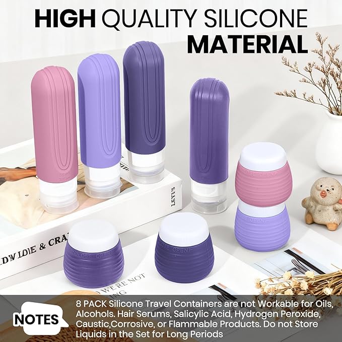 Travel Bottles for Toiletries 8 Pack, TSA Approved Travel Size Toiletries Containers Set, 4 Silicone Leak Proof Refillable Bottles and 4 Creams Jars Accessories Kit W/Clear Bag (PURPLE)