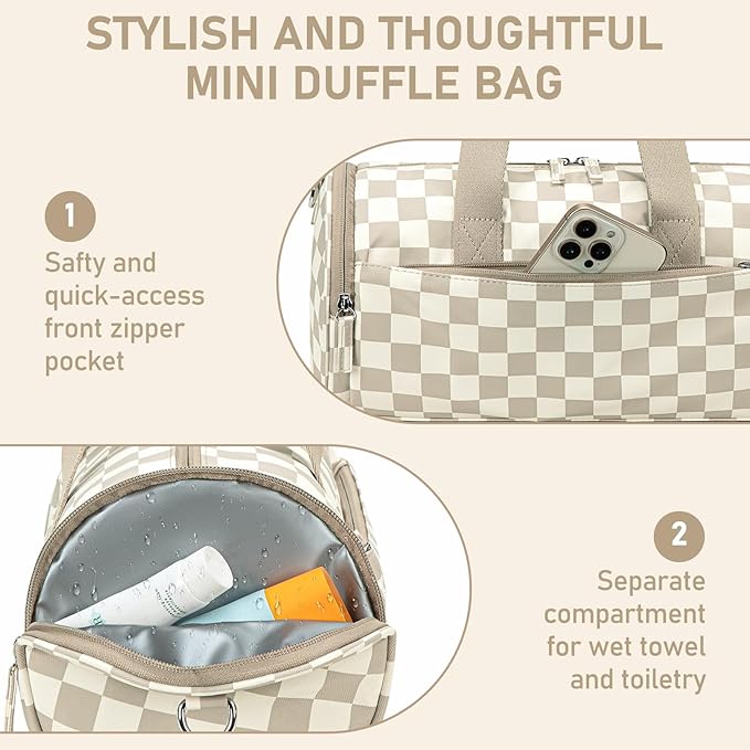 Mini Gym Bag for Women Girls Cute Small Duffle Bag 12'' with Multifunctional Pockets Workout Sport Bags Dance,Fitness,Yoga (Brown-white checkered)
