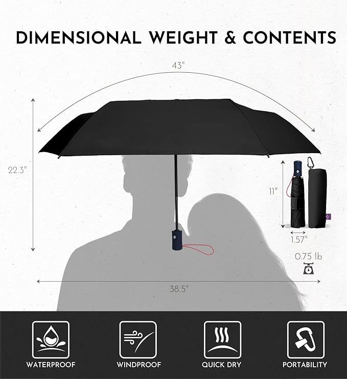Windproof Travel Umbrella for Rain - 43" Compact Folding Umbrella, Reinforced Strong Frame, Lightweight Portable Parasol with UPF 100+ UV Sun Protection, Cruise Ship Essentials