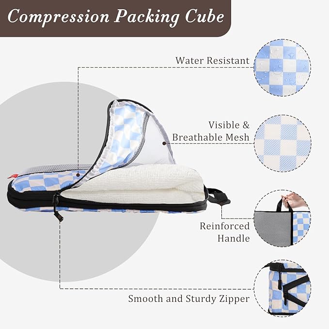 U+U 10 Set Compression Packing Cubes - Ultralight Travel Organizers with Laundry Bag and Cosmetic Bag, Space-Saving Suitcase Organizer for Travel, Business Trip and Family Vacation (Blue Checkered)