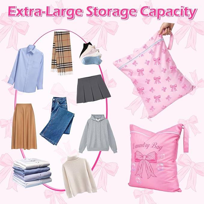2 Pcs Large Travel Laundry Bags Waterproof Wet Dry Bag, Washable Dirty Clothes Bags for Travel，Drawstring, Bathing Suit, Workout, Gym Clothes Laundry, Swimming Pool & College Dorm, Pink Bow