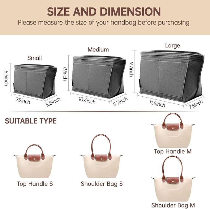 OPPOSHE Purse Organizer Insert for Longchamp Le Pliage, Premium Felt Long Champ Bag Handbag Women, Tote Organizer Insert with 9 Compartments (Large, Grey)
