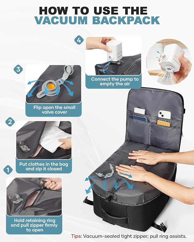 coofay Large Vacuum Backpack Travel with Pump Vacpack Travel Backpack with Vacuum System Compression Backpacks for Travel Easy Vac Pack Carry on Luggage