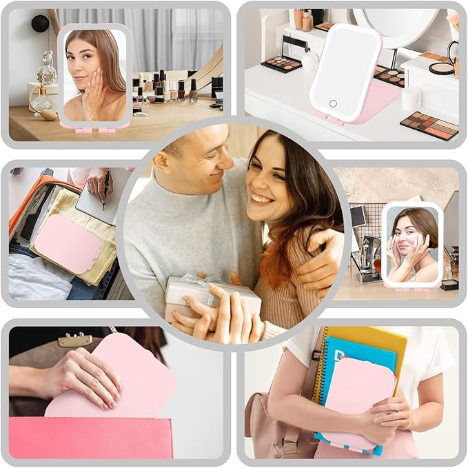 Koolstuffs Travel Mirror with Light, Rechargeable Portable Makeup Mirror with Battery-Powered, 3 Colors LED Lighting, Dimmable Touch Screen Vanity Lighted Mirror